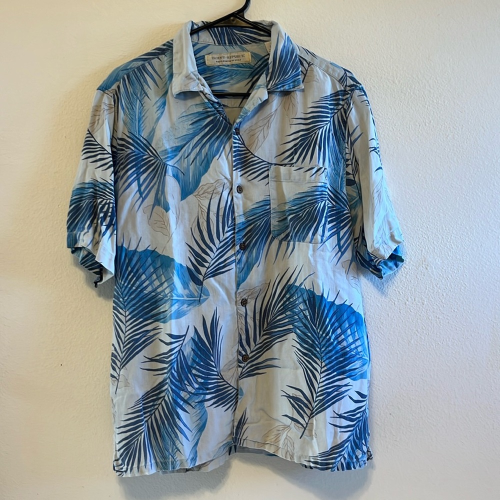 Vintage Island Republic Blue Tropical Floral Hawaiian Aloha Shirt